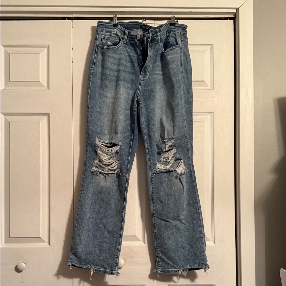 Judy Blue Distressed Straight Leg Jeans - Light Blue